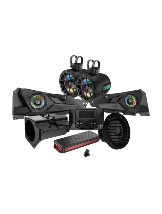 2014 + Razor Specific Complete Audio Kit with 6 Ch Digital Amplifier, CMR3 Media Audio Player, 6.5” 2-Way Tower Speaker System and 10” Sealed Marine Subwoofer