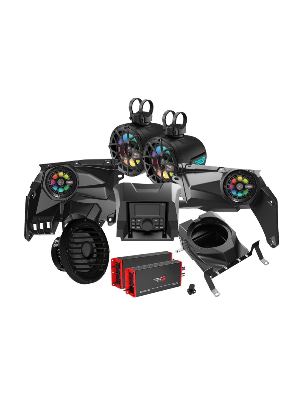 2017+ Can Am Maverick X3/X3 Max Complete Speaker Kit with 4 Ch & 1 Ch Waterproof Amplifier, 10” Sealed Marine Subwoofer, 6.5” Tower Speaker System and CMR3 Media Audio Player